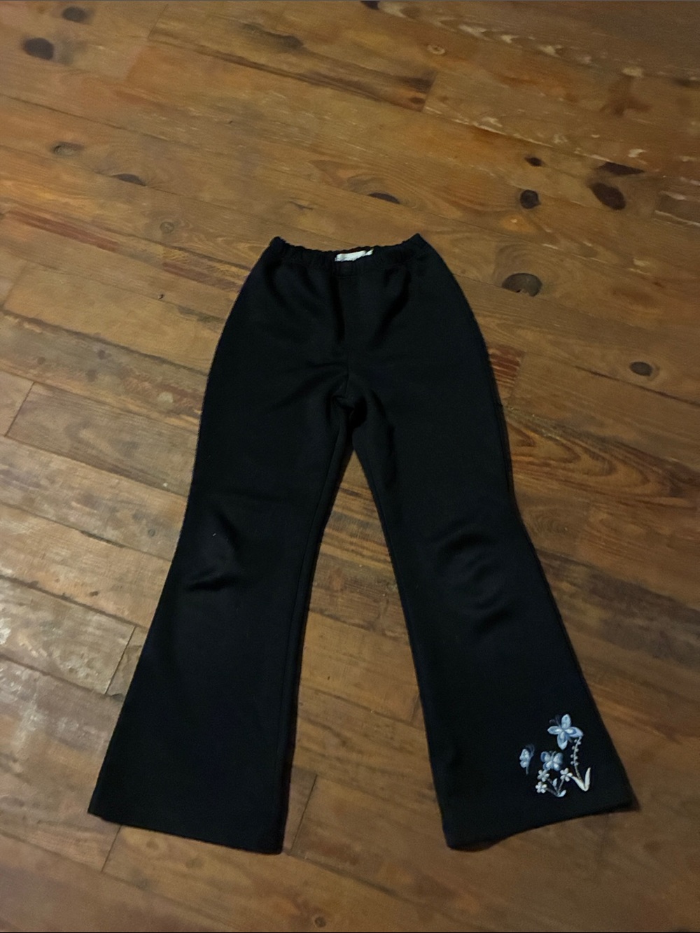 My Michelle Black Girls Stretch Flared Leggings with Blue Floral Embroidery
